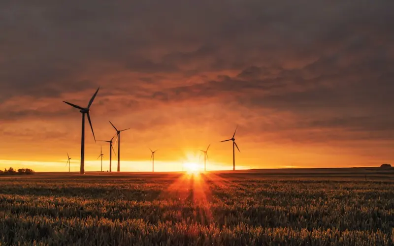 Wind turbines at sunset